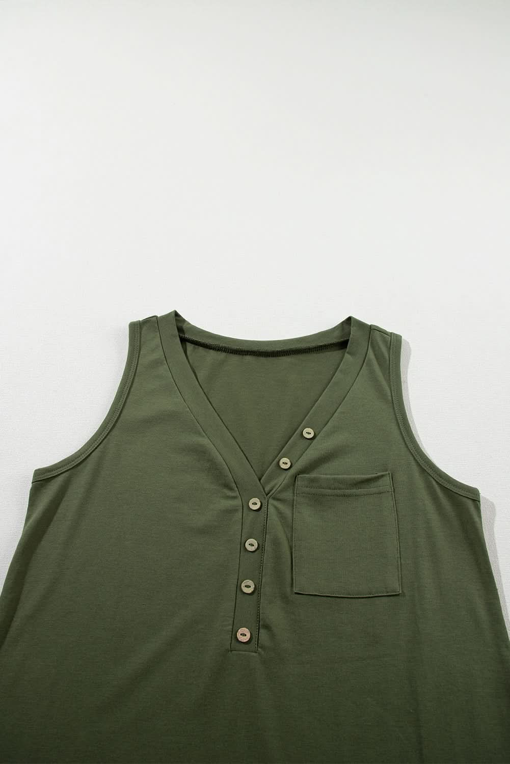 Jungle Green Half Button V Neck Patched Pocket Tank Top - Love Salve
